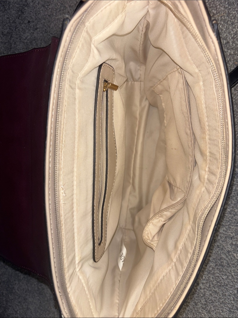 Three-Tone Structured Crossbody Satchel - Black Handle, Burgundy Flap, Tan Body - Picture 4 of 7